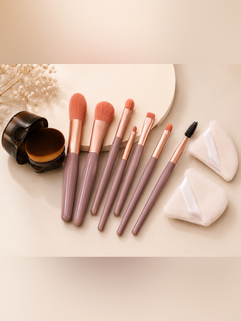 11 piece Rose Gold Brush Set + Oval Foundation Brush + Puffs (Middle Photo)